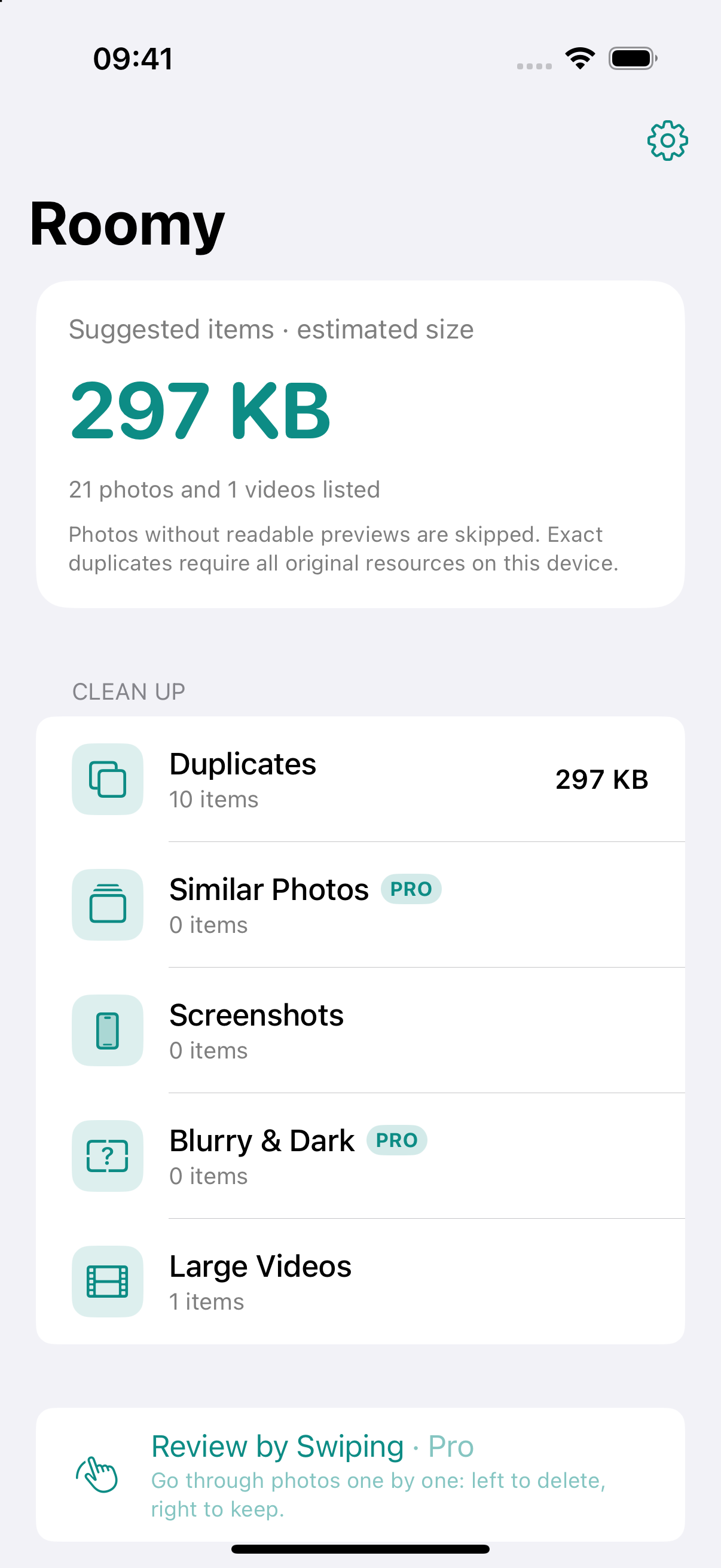 Roomy on iPhone showing cleanup categories and the estimated size of suggested items